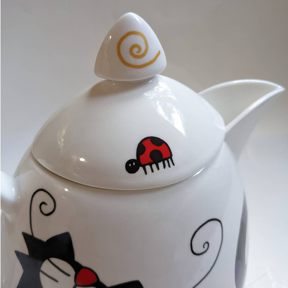 Vintage 90's Y2K Cat Teapot, Bone China with Art Deco Black & White Cat Design - Picture 6 of 10